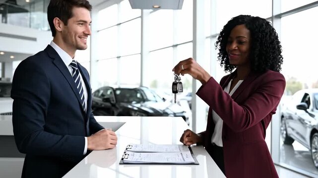  Agent in auto leasing giving key of car to client after all document and paperwork contract signed.