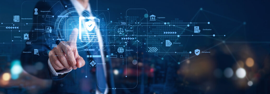 Policy defines the legal rules for operations. A compliance officer hand touch Policy icon to enforce standards. This regulatory network is a strict corporate governance concept.