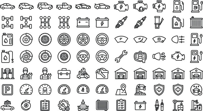 Mega car auto vehicle type and repair maintenance outline icon set featuring sedan SUV truck engine chassis transmission tire battery garage mechanic tool workshop graphic vector illustration