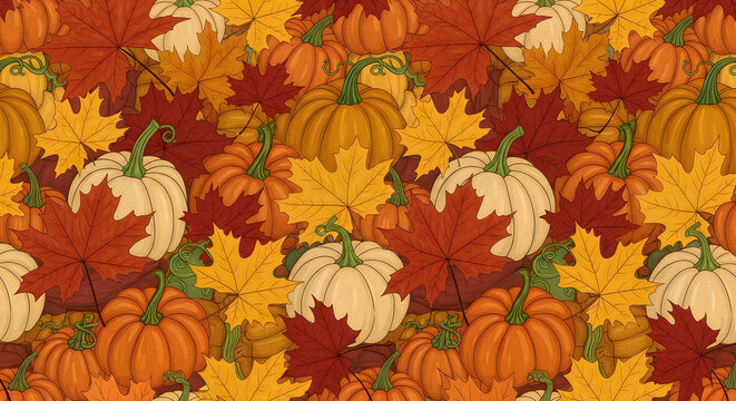 Festive thanksgiving pumpkins and fall maple leaves seamless pattern