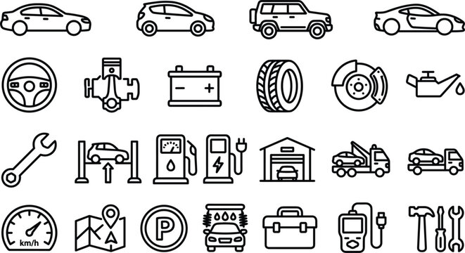 Car auto vehicle type and repair maintenance outline icon pack featuring sedan hatchback SUV sport car steering engine battery brake tools garage service station vector illustration