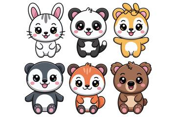 Fototapeta premium Set of six cute kawaii style animals including a rabbit, a panda, a bear, and other small woodland creatures with big eyes on a white background