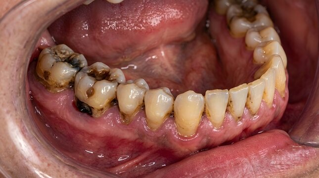 Close-up of a persons mouth showing severe tooth decay and gum disease.