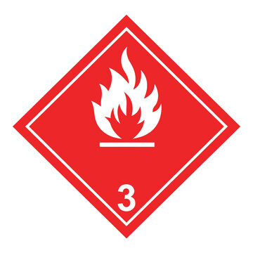 Flammable liquid warning sign with flame and number three  hazardous materials indicator icon