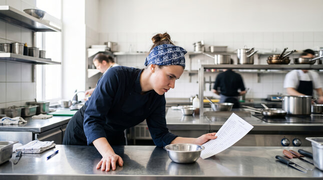 Female chef examining inventory list in professional restaurant kitchen
