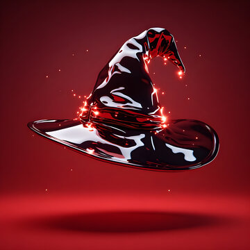 Halloween black witch hat with glowing red magical sparkles, curled pointed tip and glossy wide brim, transparent vector illustration