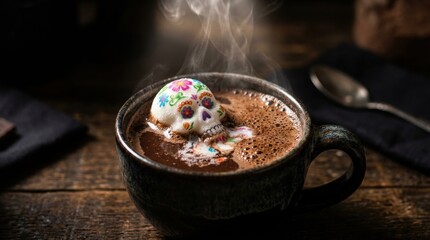 Sugar skull candy melting in a hot mug of chocolate for Day of the Dead