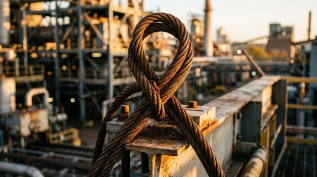 Steel cable tied in a loop on industrial metal structures at sunset