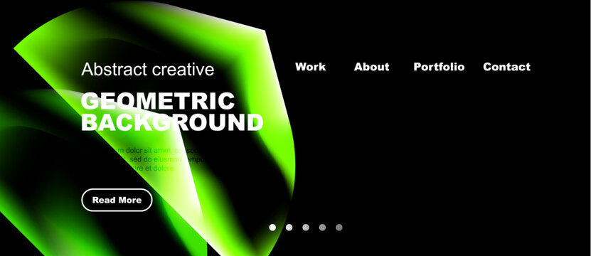 Abstract geometric background with vibrant green hues. Website navigation includes work, about, portfolio, contact options. Read more button visible.