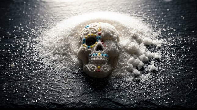 Sugar skull decoration resting on white granulated sugar for Dia de los Muertos