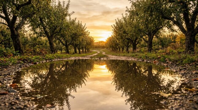 Sunset light reflecting in a puddle on a country road through an apple orchard