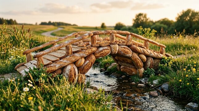 Surreal bridge made of fresh baked bread loaves over a garden creek
