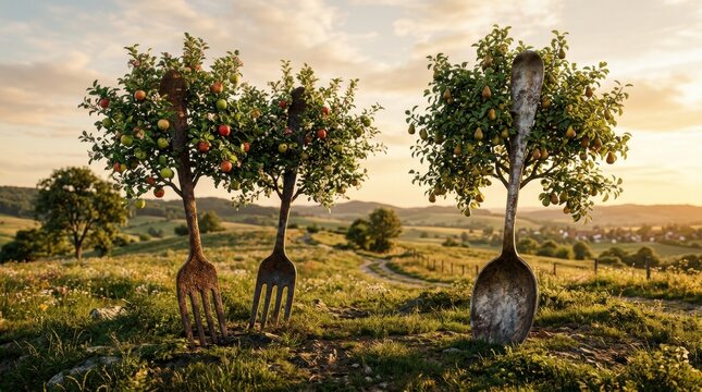Surreal fruit trees growing from vintage metal forks and spoon in nature