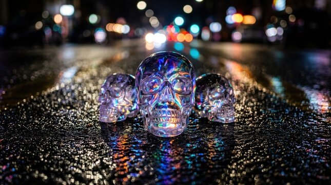 Three glass skulls reflecting night city lights on a wet street road