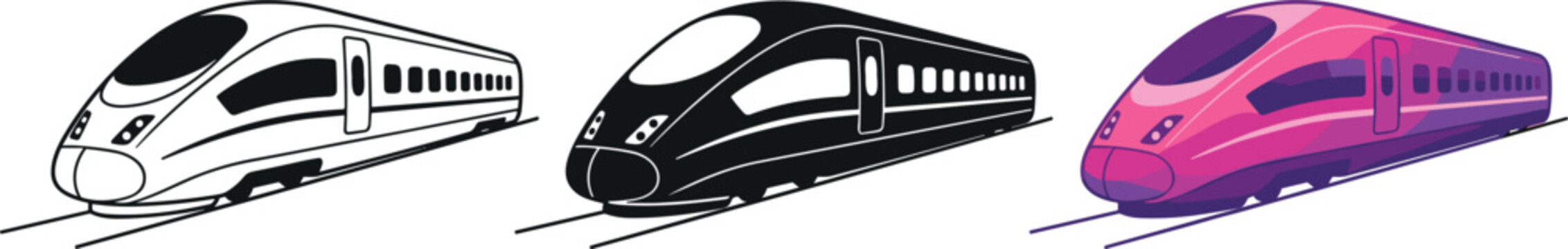 Modern high speed bullet train vector set with colored magenta black silhouette and outline icon variations