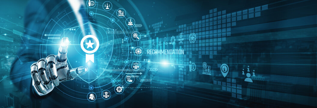 Guide robot hand touch advice shield RECOMMENDATION systems. Personalized suggestions based on data analysis help users find relevant products and improve overall digital interactions.