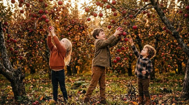 Three happy children picking fresh red apples in an orchard during autumn