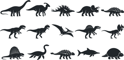 Prehistoric Animal Silhouette Collection with Dinosaurs, Pterosaur, Marine Reptile, Shark, Ankylosaurus, and Turtle Vector Illustration Set © MdNazmul