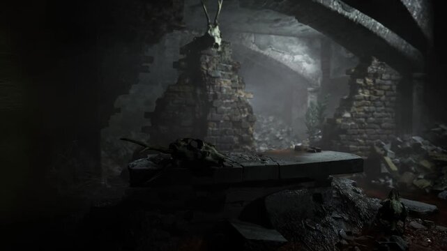 In a dimly lit underground chamber, ancient stone walls bear witness to times passage. Moss and debris clutter the ground, hinting at forgotten stories lost in the darkness.