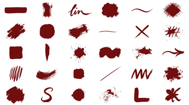 Collection of red brush strokes and paint splatters on white background for design and artistic use