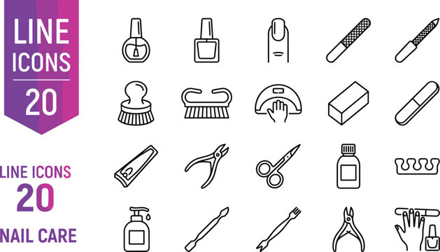Professional nail care line icon set featuring twenty manicure salon tools polish dryer clippers and cuticle pushers
