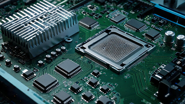 A detailed close-up of a green computer motherboard with various electronic components including processors, chips, and a metal heatsink.