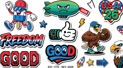 Freedom USA 2026 retro patriotic sticker pack with eagle skateboard pixel art and graffiti vector clipart © Rashed