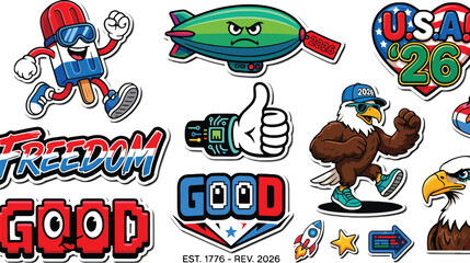 Freedom USA 2026 retro patriotic sticker pack with eagle skateboard pixel art and graffiti vector clipart © Rashed