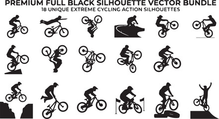 Obraz premium Premium Extreme Cycling Action Silhouette Vector Bundle Featuring Mountain Bike Tricks, BMX Stunts, Downhill Racing, Freestyle Jumps and Adventure Sports