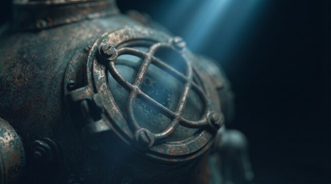 Close up of a rusty vintage diving helmet faceplate underwater