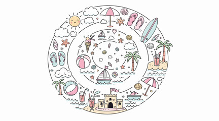 Obraz premium Summer Vacation Circle: Beach, Sun, Fun & Travel Icons