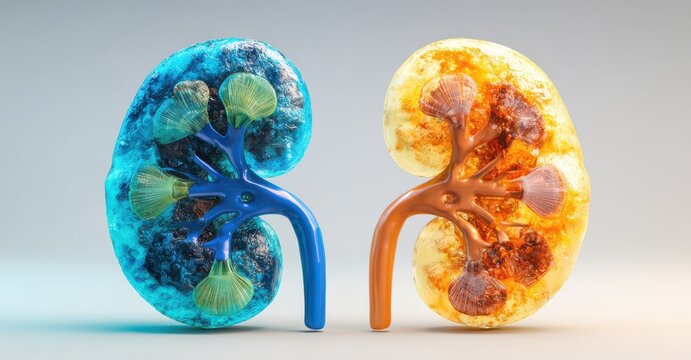 Healthy and diseased kidney comparison detailed 3d render for medical education and illustration
