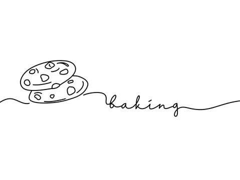 Continuous Line Baking Cookies Illustration with Hand Drawn Lettering. Minimal One Line Cookie Sketch and Baking Typography Design. Simple Continuous Line Art Cookies with Baking Script Vector.