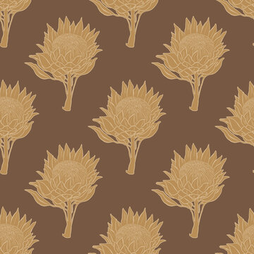 Modern seamless botanical pattern featuring bold Protea silhouettes in warm mustard and brown tones. Ideal for autumn collections, textiles, gift wrap, wallpaper, and home decor.