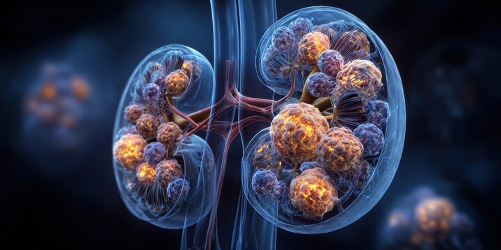 Detailed illustration of human kidneys with internal structures and vascular system