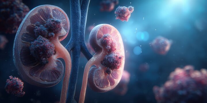 Kidney cancer illustration tumors and cellular growth in human kidneys medical visualization