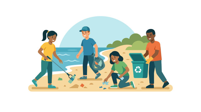 Young Volunteers Recycle Waste, Coastal Area, Illustration, Clean Environment, Side View, Community Awareness