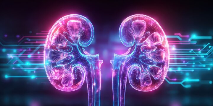 Glowing human kidneys with circuit board overlay medical illustration