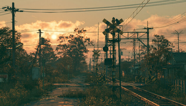Nostalgic Japanese rural railroad crossing during beautiful golden hour sunset