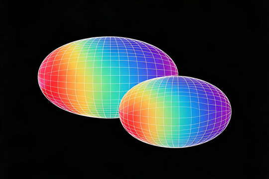 Two 3D ellipsoid shapes with rainbow gradient and wireframe grid, displayed against a solid black background as a graphic design element.