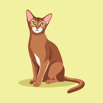 A high-quality flat vector illustration of an elegant Abyssinian cat sitting gracefully, isolated on a light yellow background. Perfect for pet-themed designs, posters, or website content.