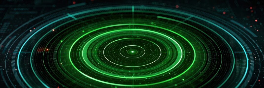 A futuristic green digital interface with concentric circles and data points, symbolizing technology and data visualization on a dark background.