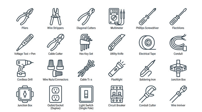 Electrical Tools and Equipment Outline Icon Set