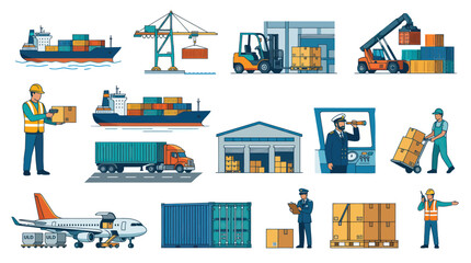 Fototapeta premium Logistics and shipping flat vector illustration of cargo, ships, trucks, and workers