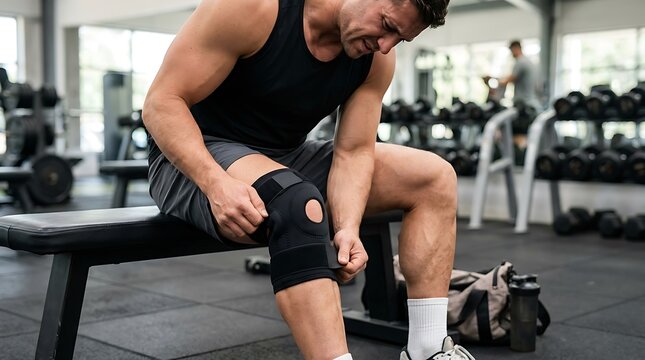 Man putting knee brace to support painful leg. Athlete bodybuilder leg wearing knee support brace or elastic kneecap bandage. Sleeve for compression