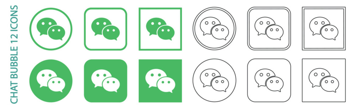 Chat bubble icon set, 12 variations of wechat social media app logo in circle and square frames, green and outline style, vector illustration