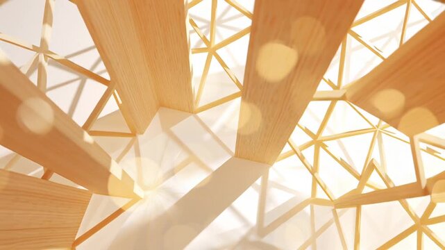 Wooden geometric structure with soft natural light, warm architectural design motion background