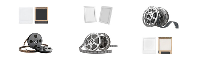 Naklejka premium Collection of film reels, strips, and blank frames isolated on transparent background