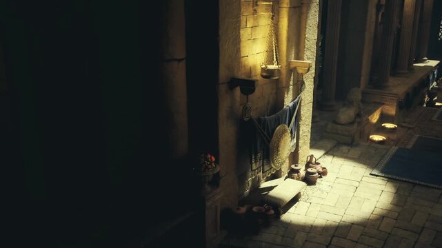sunlit shrine alcove with pottery garland and chained offering bowls on weathered tile, votive beads and rustic textures conveying intimate devotional space.