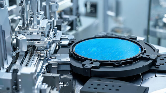A blue semiconductor wafer is secured on an industrial automation device, used for advanced microelectronics manufacturing processes.